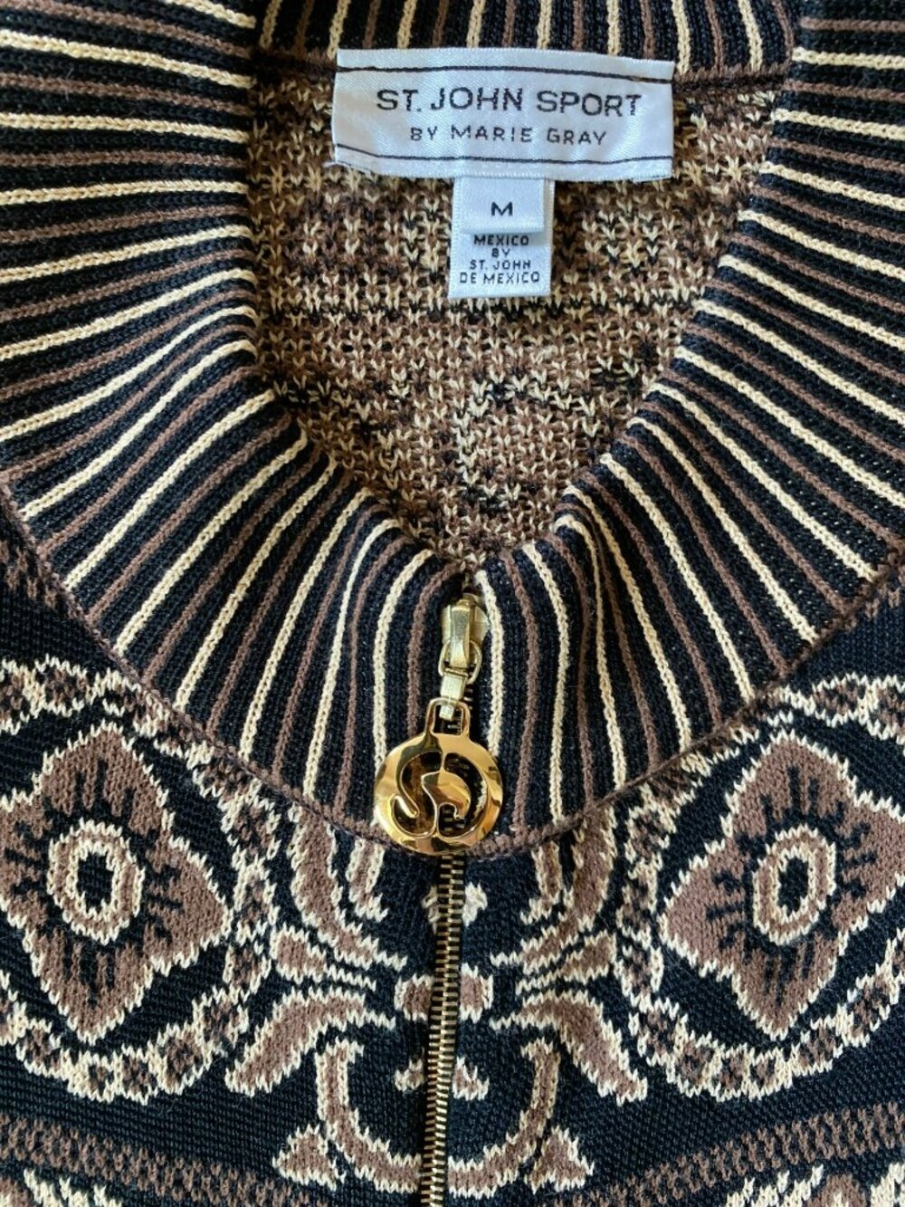 St John Sport Long Sleeve Cardigan Full Zip Brown Black Ikat Print Medium - Picture 8 of 8